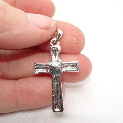 Dainty Silver Tone Center Rhinestone Cross Necklace Pendant 
