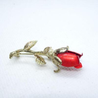 Gold Tone Ruby Red Rose Pin 