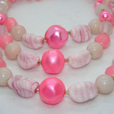 Hot Pink Triple Strand Beaded Necklace, Glass Beads 