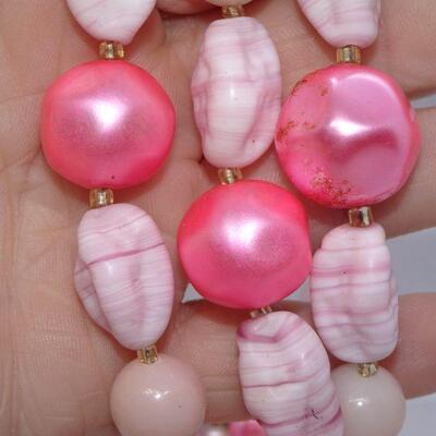 Hot Pink Triple Strand Beaded Necklace, Glass Beads 