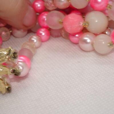 Hot Pink Triple Strand Beaded Necklace, Glass Beads 