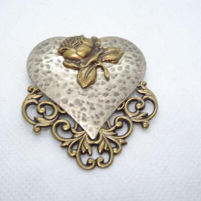 Silver & Bronze Tone Victorian Heart Pin, Signed 