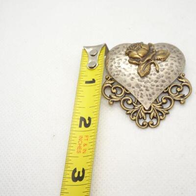 Silver & Bronze Tone Victorian Heart Pin, Signed 