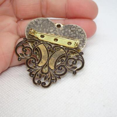 Silver & Bronze Tone Victorian Heart Pin, Signed 