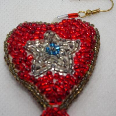 Hand Beaded Red White & Blue Beaded Heart Earrings, Lone Star - Houston Stock Show Jewelry 