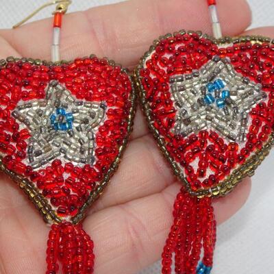 Hand Beaded Red White & Blue Beaded Heart Earrings, Lone Star - Houston Stock Show Jewelry 