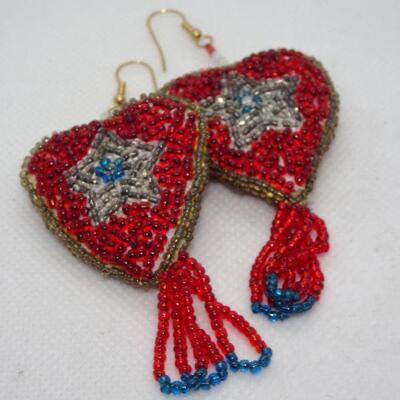 Hand Beaded Red White & Blue Beaded Heart Earrings, Lone Star - Houston Stock Show Jewelry 