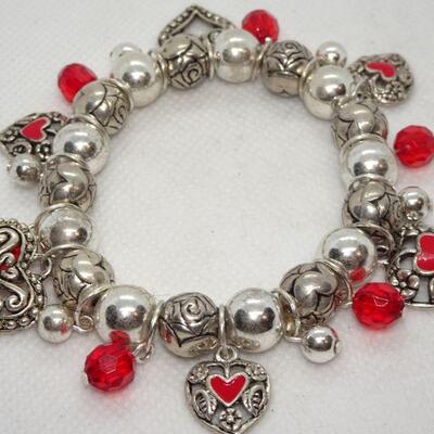 Silver & Red Stretch Valentine Charm Heart Bracelet 