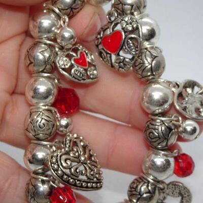 Silver & Red Stretch Valentine Charm Heart Bracelet 
