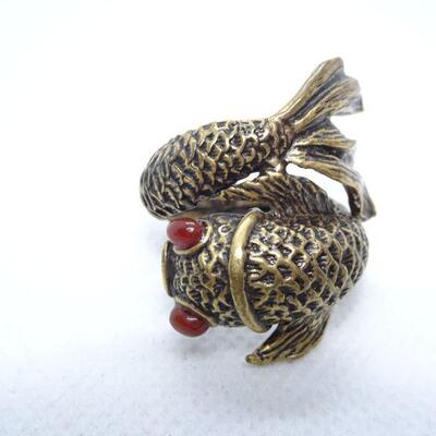 Very Cool Koi Fish Wrap Ring, Red Eyes, Signed "Lucky You" 