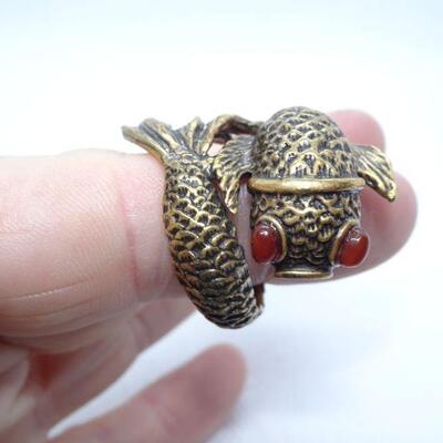 Very Cool Koi Fish Wrap Ring, Red Eyes, Signed "Lucky You" 