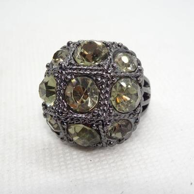 Silver Tone Yellowish Citrine Colored Rhinestone Ring 