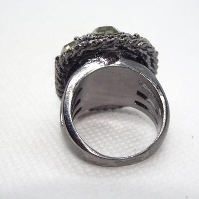 Silver Tone Yellowish Citrine Colored Rhinestone Ring 