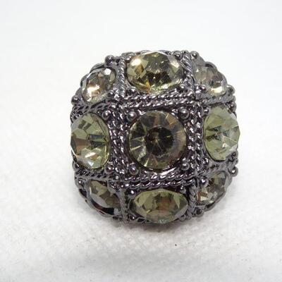 Silver Tone Yellowish Citrine Colored Rhinestone Ring 