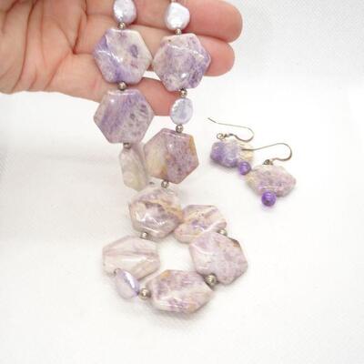 Natural Gem Stone Necklace & Earring Set Purple, Lavender, Great Easter Color! 