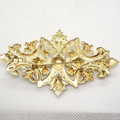 Gold & Green Royal Lion Crest Filigree Statement Brooch 