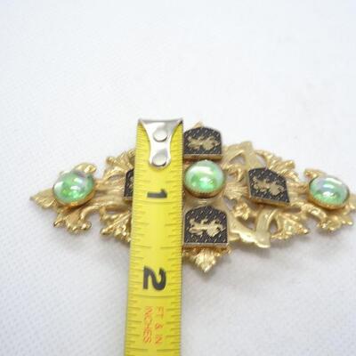 Gold & Green Royal Lion Crest Filigree Statement Brooch 