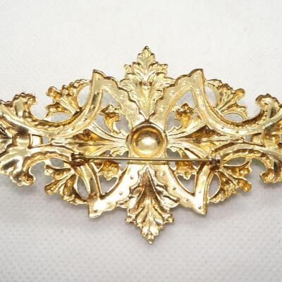 Gold & Green Royal Lion Crest Filigree Statement Brooch 