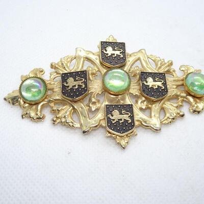 Gold & Green Royal Lion Crest Filigree Statement Brooch 