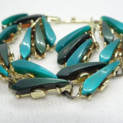 MId Century Thermo Plastic Teal Green Bracelet & Matching Clip Earrings 