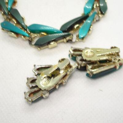 MId Century Thermo Plastic Teal Green Bracelet & Matching Clip Earrings 