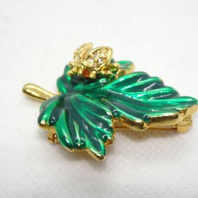 Gold Lady Bug on a Emerald Green Leaf Brooch 