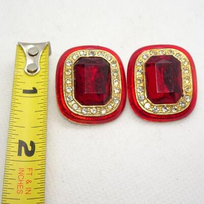 Vintage "Dynasty" Style Ruby Red Rhinestone Clip Earrings 