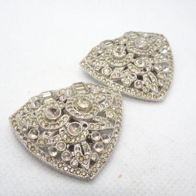Art Deco Rhinestone Silver Tone Shoe Clips - Missing Stones 