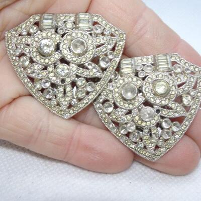 Art Deco Rhinestone Silver Tone Shoe Clips - Missing Stones 