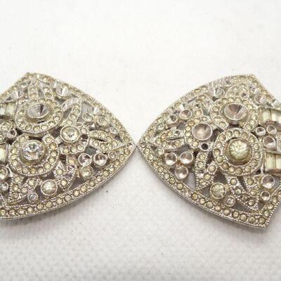 Art Deco Rhinestone Silver Tone Shoe Clips - Missing Stones 
