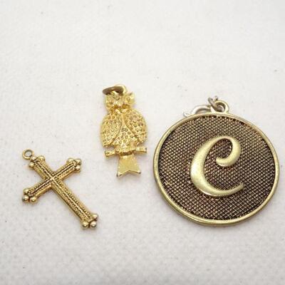 3 Gold Tone Charms, Hooter Owl, Cross and the Letter "C"