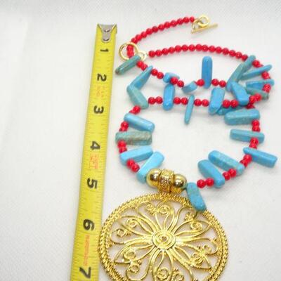 Brilliant Gold Medallion Teal & Red Beaded Necklace 