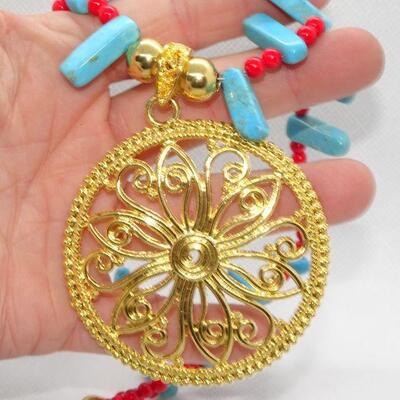 Brilliant Gold Medallion Teal & Red Beaded Necklace 