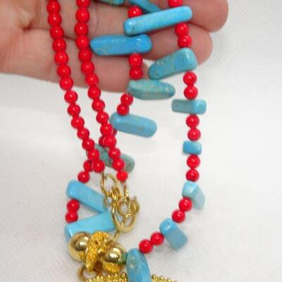 Brilliant Gold Medallion Teal & Red Beaded Necklace 