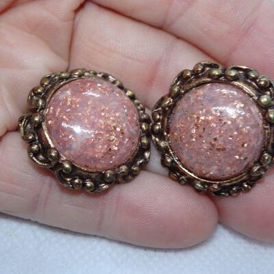Pink Speckled Stone Clip Earrings 