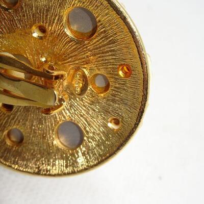 Gold Tone Disc Multi Colored Stone Clip Earrings - Reminds me of a planet 