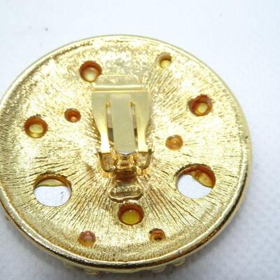 Gold Tone Disc Multi Colored Stone Clip Earrings - Reminds me of a planet 