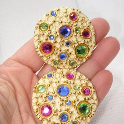 Gold Tone Disc Multi Colored Stone Clip Earrings - Reminds me of a planet 