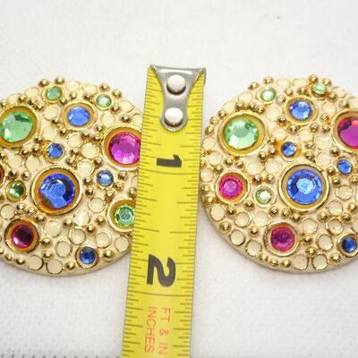 Gold Tone Disc Multi Colored Stone Clip Earrings - Reminds me of a planet 