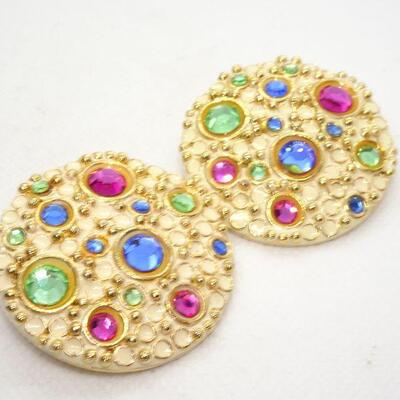 Gold Tone Disc Multi Colored Stone Clip Earrings - Reminds me of a planet 