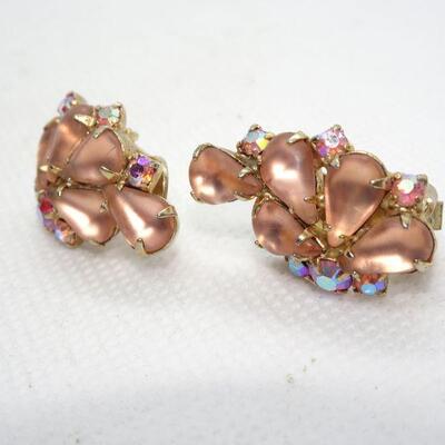 Opalescent & Multi Colored Rhinestone Clip Earrings, Mid Century Jewels