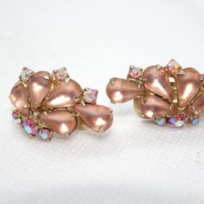 Opalescent & Multi Colored Rhinestone Clip Earrings, Mid Century Jewels