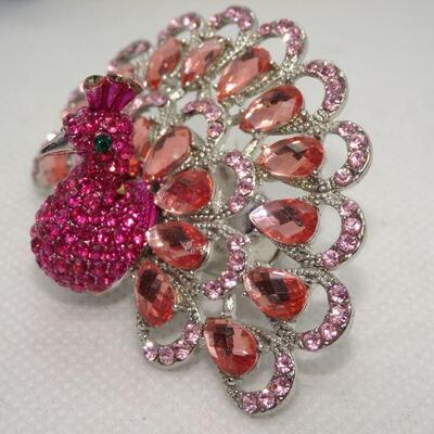 Adjustable Grand Pink Peacock Rhinestone Ring 