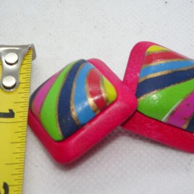 Mod Hand Painted Clip Earrings, Wood, light weight