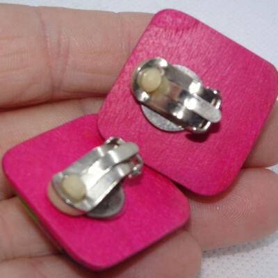 Mod Hand Painted Clip Earrings, Wood, light weight