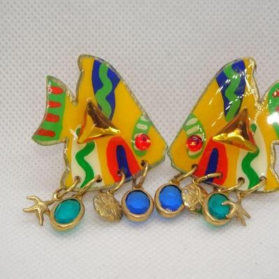 Brilliant Colorful Clip Angel Fish Dangle Earrings, Signed Maui 