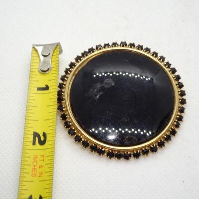 Black Disc Oval Rhinestone Brooch 