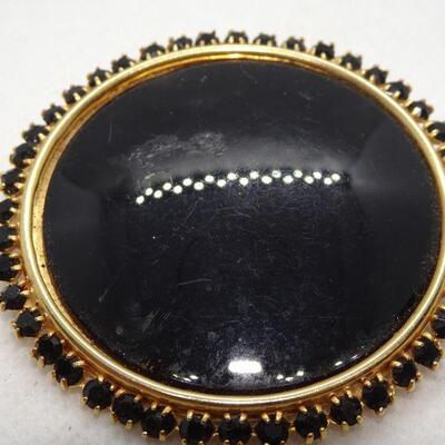Black Disc Oval Rhinestone Brooch 