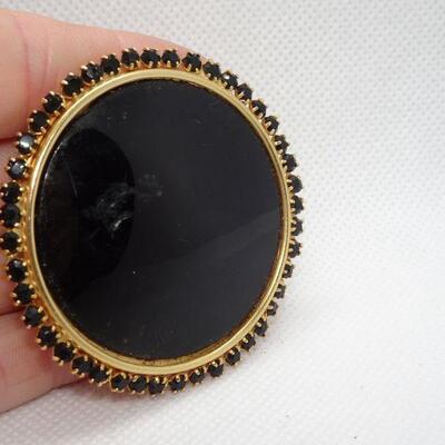 Black Disc Oval Rhinestone Brooch 