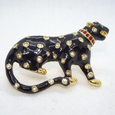 Black Leopard Rhinestone Brooch, Red Rhinestone Color